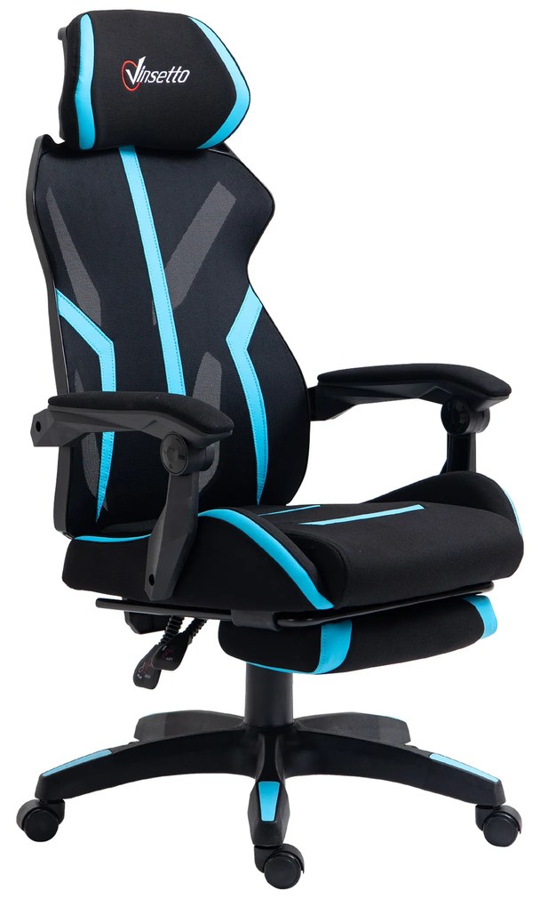 Vinsetto Scaun Gaming cu Suport pentru Picior Retractabil Scaun de Birou Rotativ Inclinabil cu Suport de Cap și Înălțime Reglabilă 65x65x119-129 cm Negru și Albastru | Aosom Romania