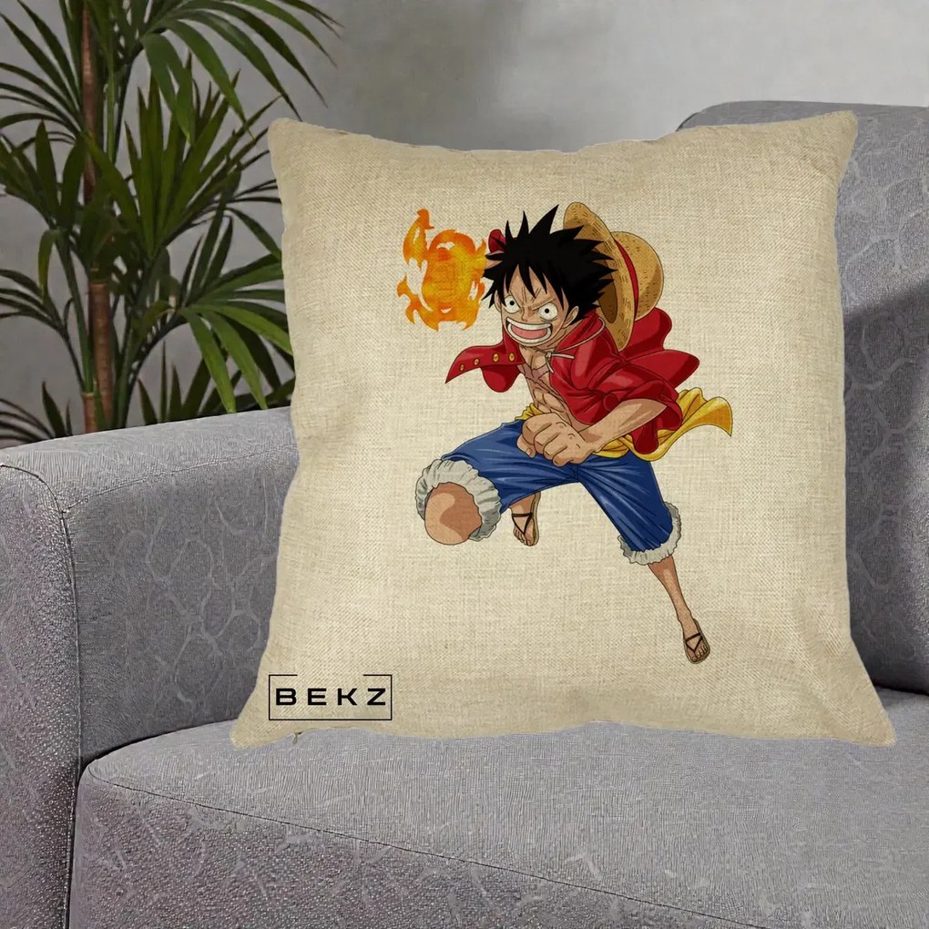 Perna Personalizata One Piece Luffy Gear Second Foc, 40x40 cm, Crem, Husa Detasabila, Perna Inclusa, BEKZ®