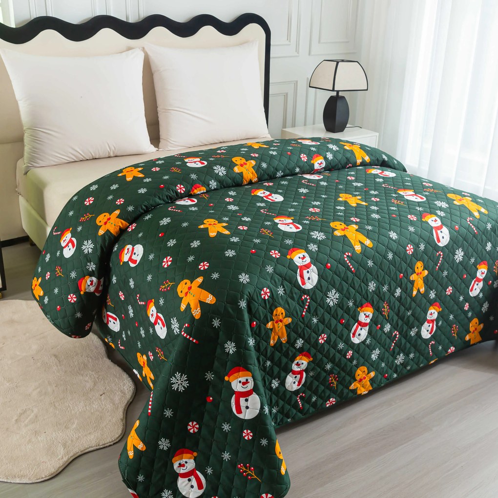 Cuvertura de pat SNOWMAN AND GINGERBREAD, verde Dimensiune: 170 x 210 cm