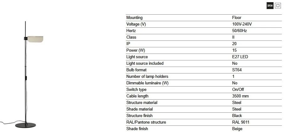 Lampadar metal stil retro cu abajur ajustabil MARTINICA negru, bej