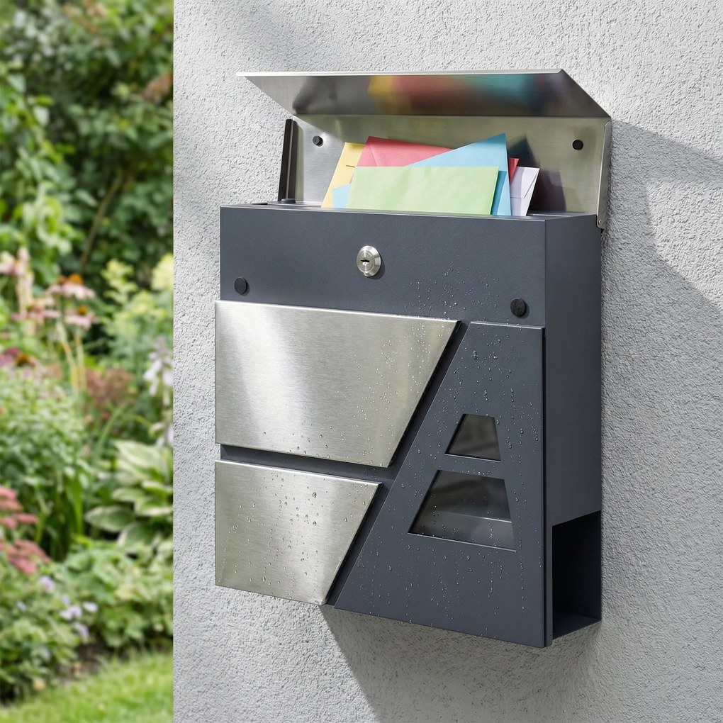 HOMCOM Cutie poștală montare pe perete, rezistentă la intemperii, cu suport pentru ziare și 2 chei pentru perete exterior, gri închis | Aosom Romania
