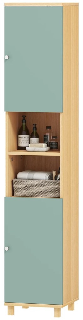 HOMCOM Mobilier de baie corp de depozitare 2 dulapuri 2 compartimente deschise rafturi reglabile 30 x 30 x 166 cm, verde | Aosom Romania