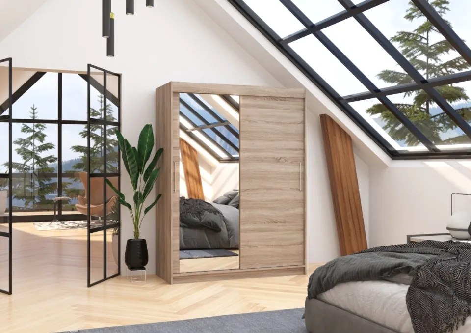 Dulap cu usi glisante si oglinda 150x200 cm, Bianco, ADRK Furniture (Culoare: Ciocolata)