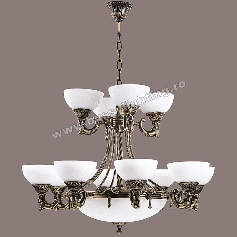 Candelabru Omega cu 12 Brate, Desing Clasic, Finisaj Bronz Antic, Abajur Alb - Bussy Lighting 3035-52-12B