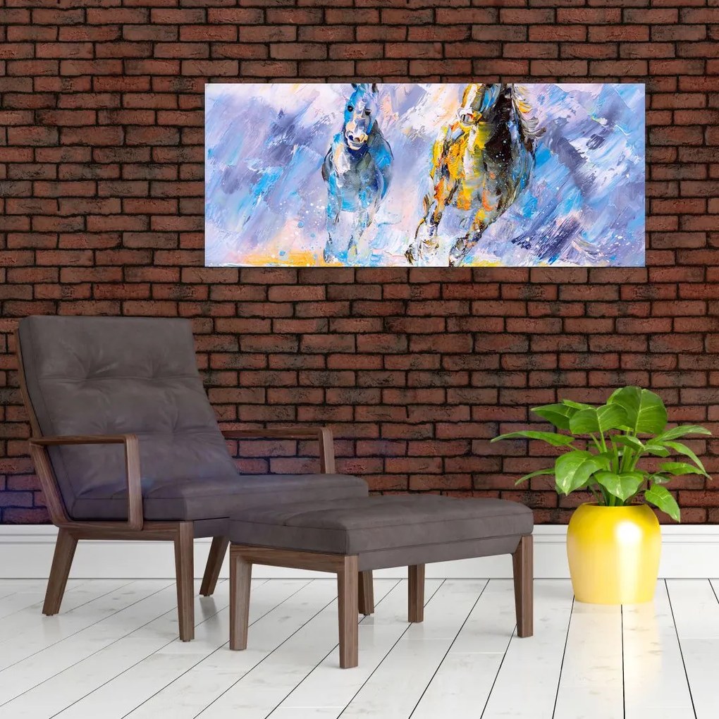 Tablou - Caii alergând, pictură în ulei (120x50 cm)