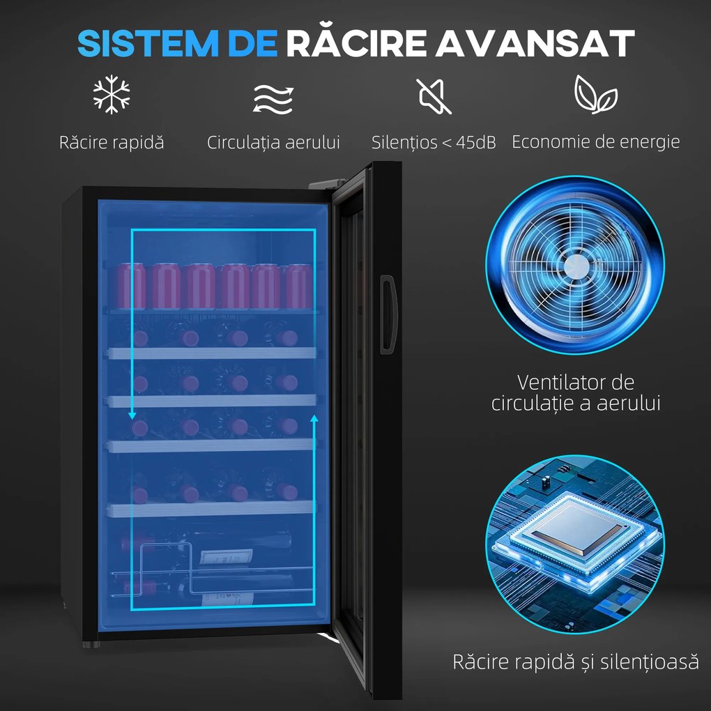 HOMCOM Vitrină Frigorifică pentru Vinuri de 63L cu Rafturi Reglabile pentru 16 Sticle și 25 Doze, Vitrină pentru Vinuri din Oțel, Lemn și Sticlă Temperată, 43x45x74 cm, Negru | Aosom Romania