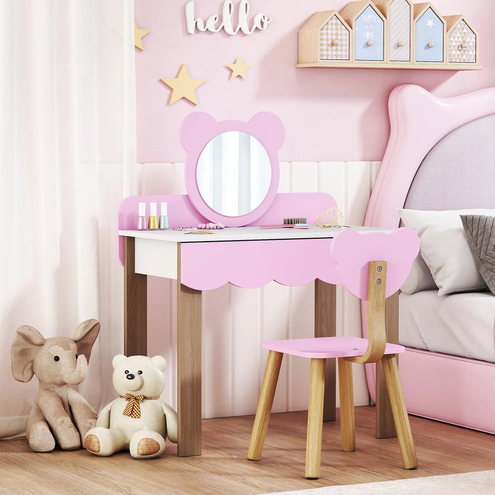 AIYAPLAY Set Masuta Cosmetica cu Scaunel pentru Copii, Oglinda de Machiaj, Forma Ursulet, Sertar, MDF, Roz | Aosom Romania
