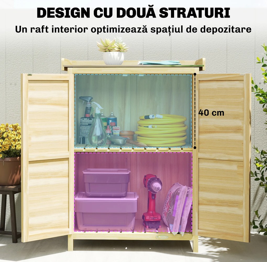 Outsunny Căsuță de Grădină din Lemn de Molid cu Rafturi și Cârlige Laterale, Dulap de Grădină cu Uși Duble și Blat de Lucru din Metal Zincat pentru Terasă, 71,5x39x95cm, Naturală | Aosom Romania