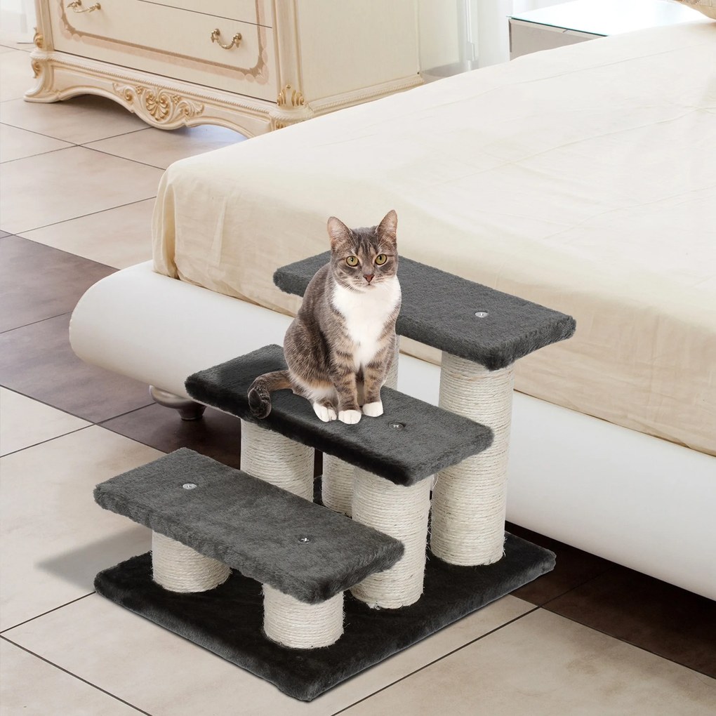 Scara pentru animale PawHut cu 3 trepte - 34 cm, rampă de acces pentru câini și pisici, suport de urcare pentru canapea, pat, gri închis | Aosom Romania