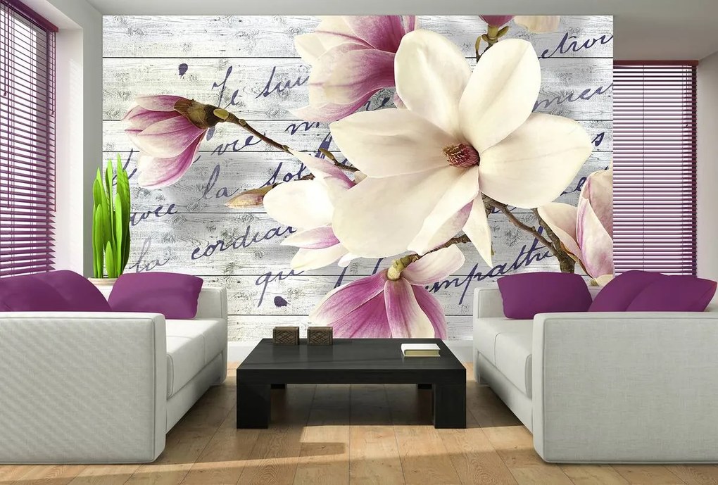 Fototapet - Magnolie pe sănduri de lemn (152,5x104 cm)