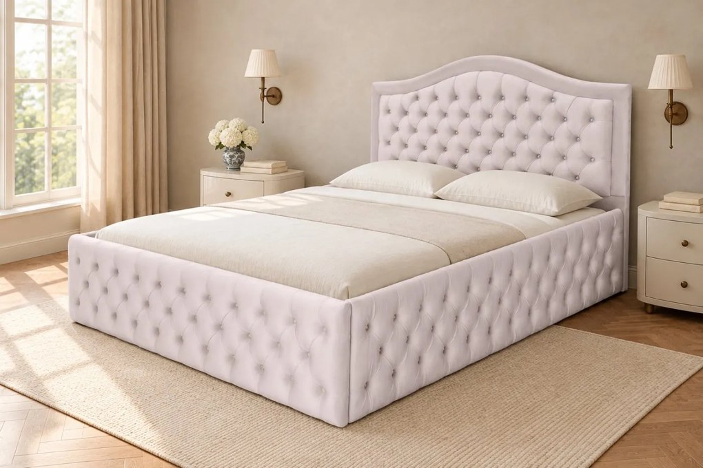 Pat tapițat Chesterfield din catifea Solaria Deluxe Cristal 160×200 cm, crem, cu ladă de depozitare