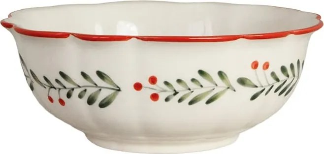 Bol din ceramică artizanală albă cu motiv de Crăciun pictat manual, frunze și fructe roșii, margini ondulate, 18 × 7,5 cm, „Esther Lingonberry"