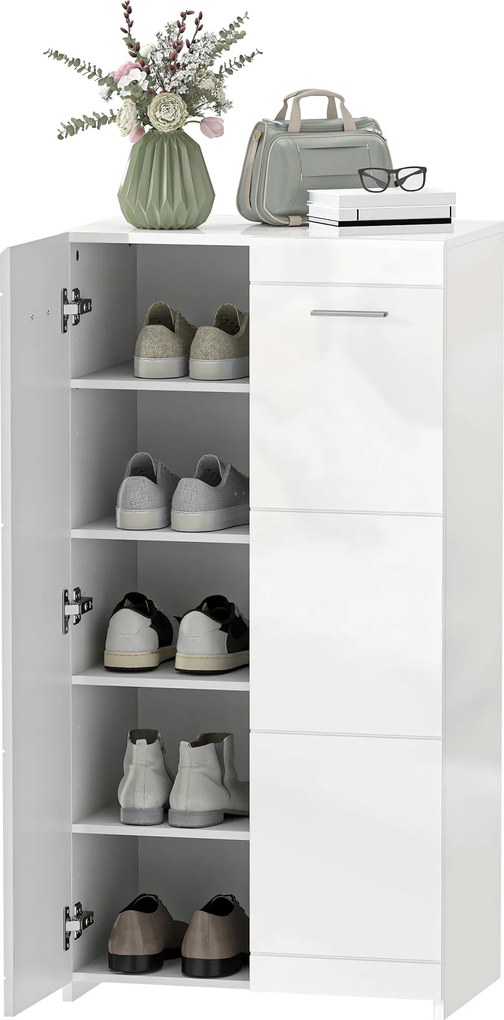 HOMCOM Dulap pentru pantofi cu finisaj lucios, depozitare cu rafturi reglabile pentru hol, intrare, spațiu pentru 10 perechi, Alb | Aosom Romania
