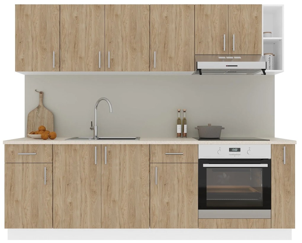Set Bucatarie Karo V17, Lemn Natural/Alb, Blat Thermo 28 mm, L 240 cm