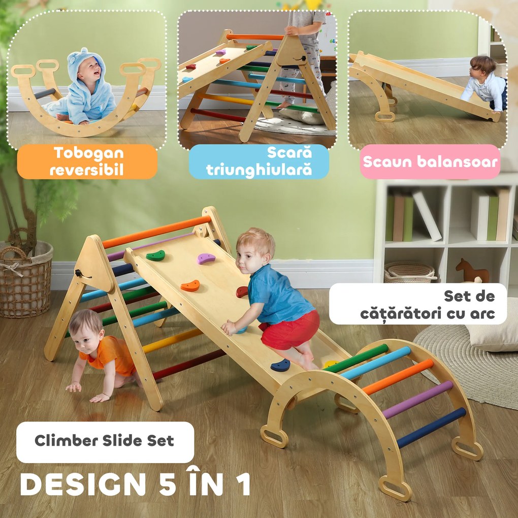 AIYAPLAY Set de Cățărat 5 în 1 cu Triunghi Montessori, Arcadă și Rampă cu Pietre, 178x64,5x63 cm, Multicolor | Aosom Romania