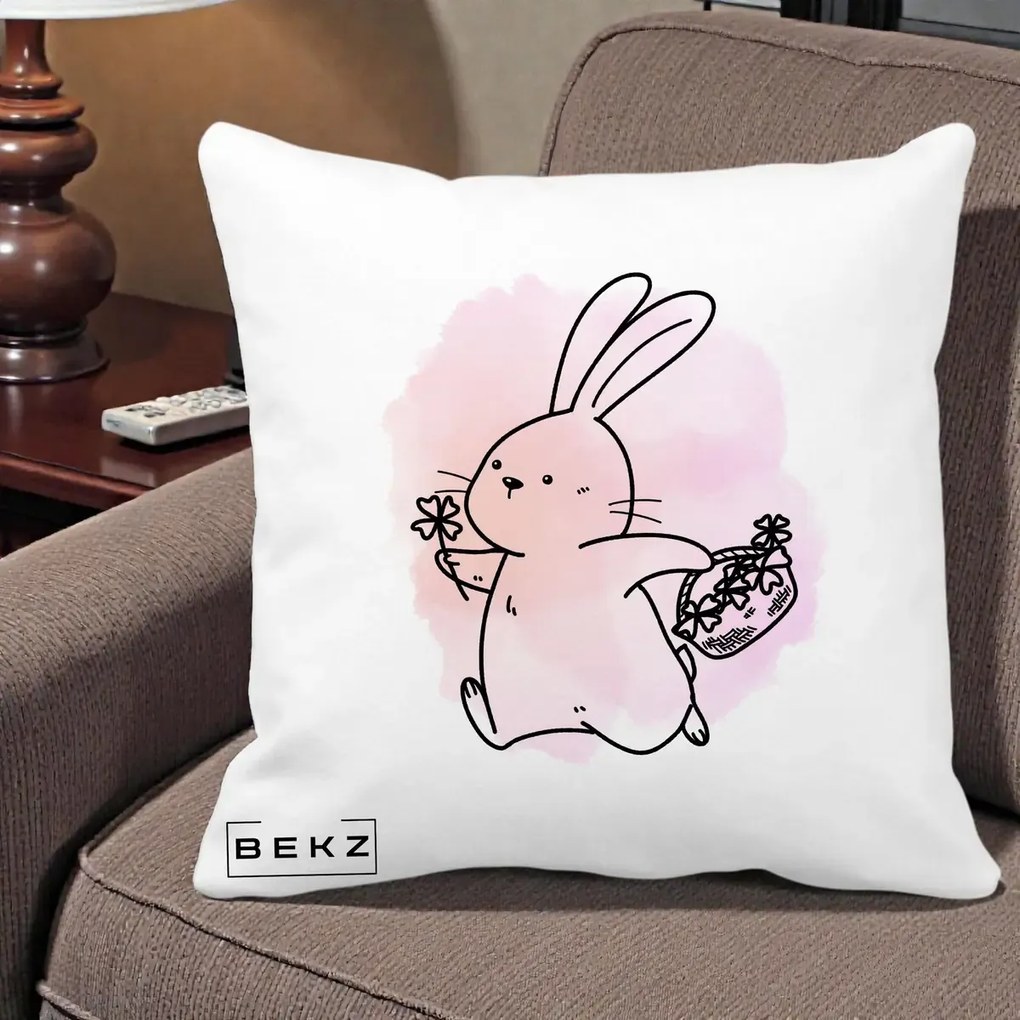 Perna decorativa Iepuras Kawaii cu Cosulet Floral, 40x40 cm cu Umplutura, Alb Mat, BEKZ