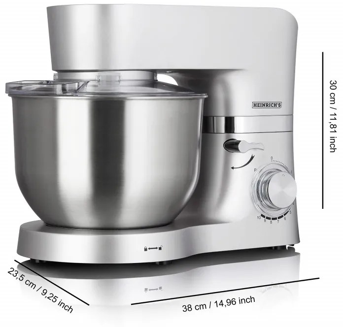 Mixer planetar Heinrich's HKM 6278, 1300W, 6,2 litri, 10 viteze, Puls, Protectir, Argintiu