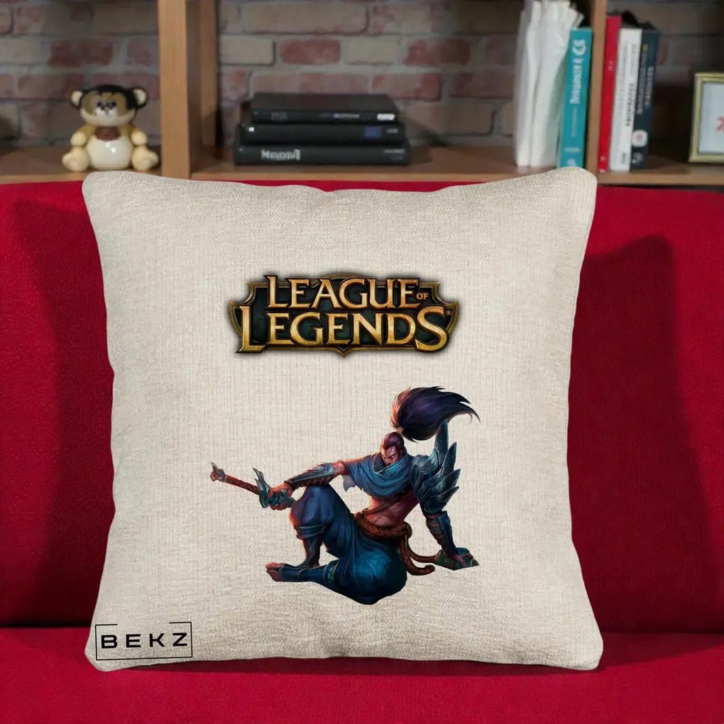 Perna Personalizata League of Legends Yasuo, 40x40 cm, Bej Canapea, Husa Detasabila, Perna Inclusa, BEKZ®