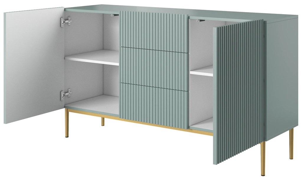 Comodă Nicole 150 cm cu trei sertare - MDF salvie / picioare aurii