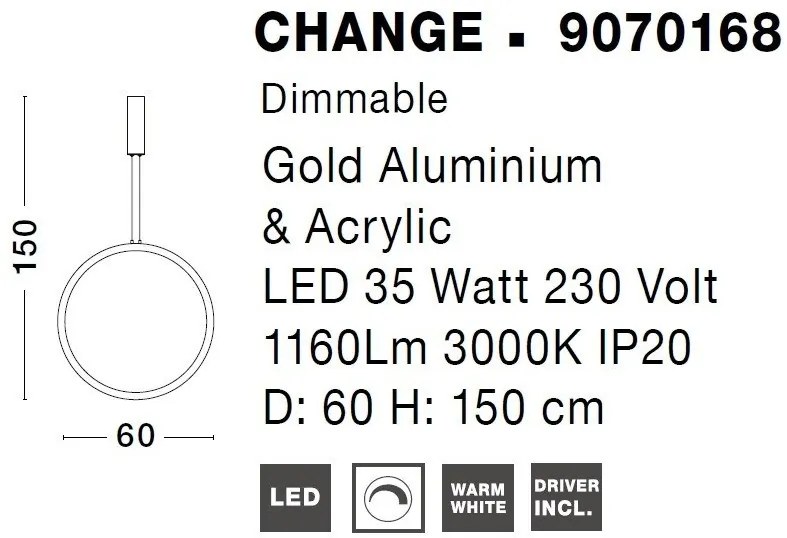 Pendul LED dimabil design modern Change auriu 60cm