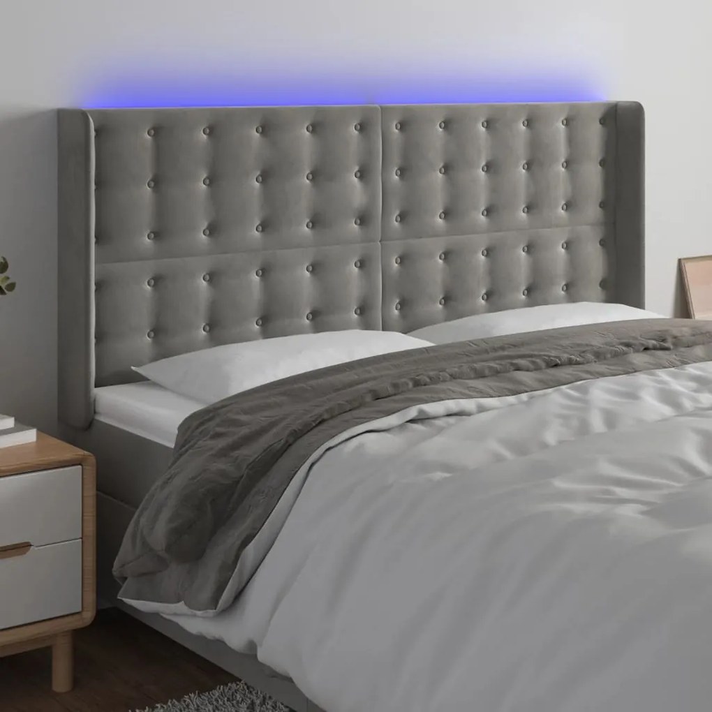 vidaXL Tăblie de pat cu LED, gri deschis, 183x16x118/128 cm, catifea