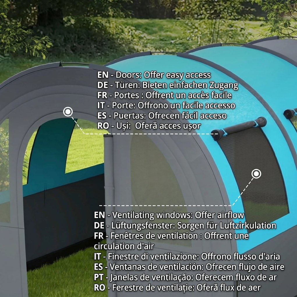 Outsunny Cort de Camping Impermeabil, Cort cu 5 Locuri, Zonă Separată de Dormit și Living, 480x260x200 cm, Gri și Albastru | Aosom Romania