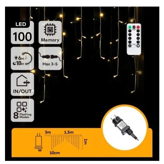 Aigostar - Ghirlandă LED de Crăciun pentru exterior, 100 LED/6W/230V/8 funcții, 1,5x1m, IP44, alb cald+telecomandă