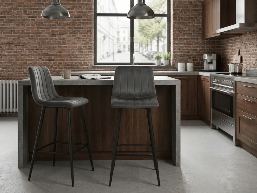 Scaun de bar POZZA VELVET cu picioare negre, gri inchis