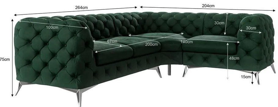 Colțar verde închis cu tapițerie din catifea (cu colț pe partea dreaptă/în formă de ”L”) Chelsea – Ropez