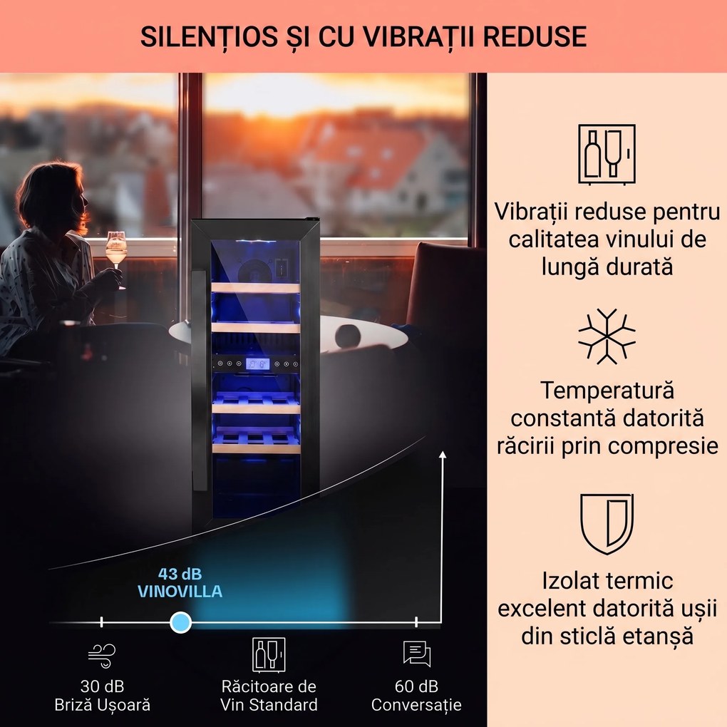 Klarstein Vinovilla 17 Built-in Duo Onyx Edition, vinotecă cu două zone, 53 l, 17 sticle, ușă din sticlă în 3 culori