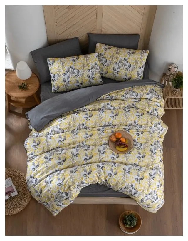 Lenjerie de pat galbenă/gri pentru pat dublu/canapea extinsă cu cearceaf inclus/cu 4 piese 200x220 cm Leaves – Mila Home