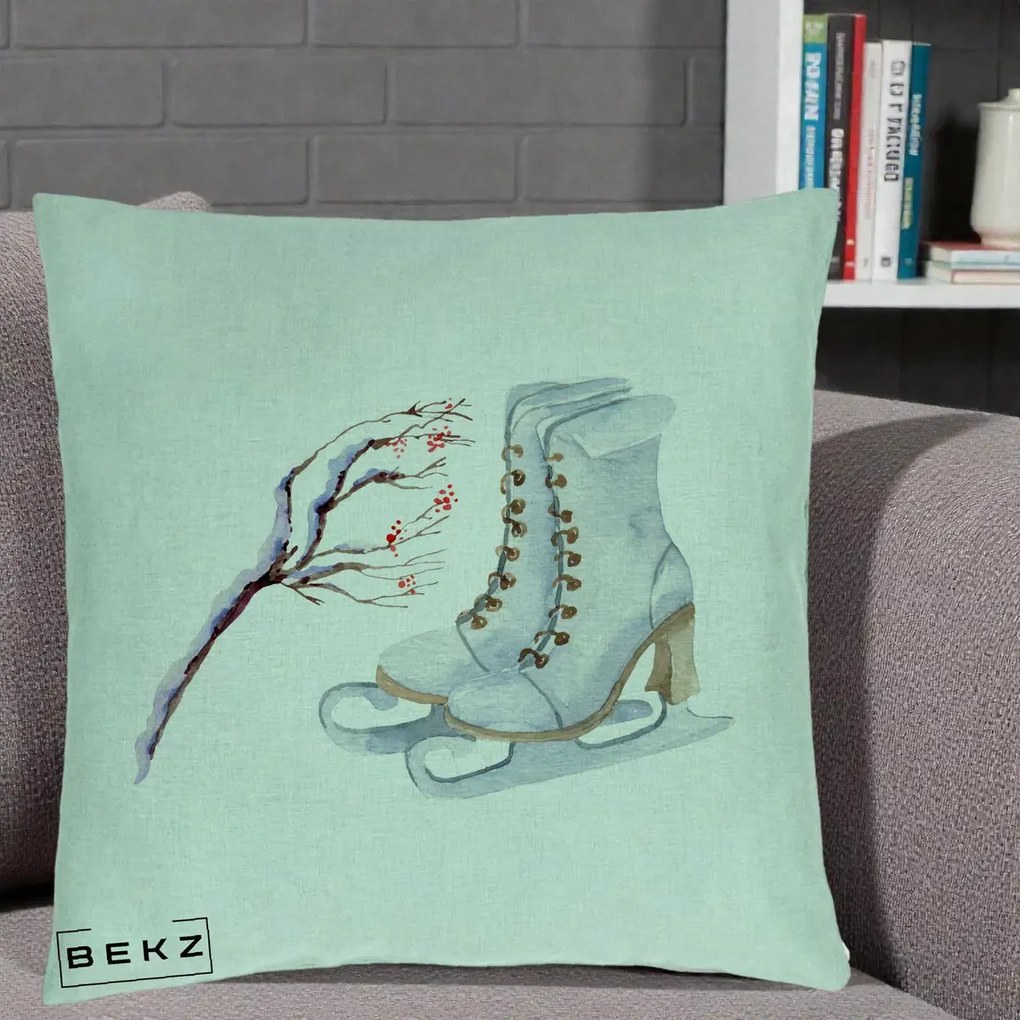 Perna Decorativa Patine cu Ramuri Inzapezite, 40x40 cm, Verde Menta, Husa Detasabila, Perna Inclusa, BEKZ®