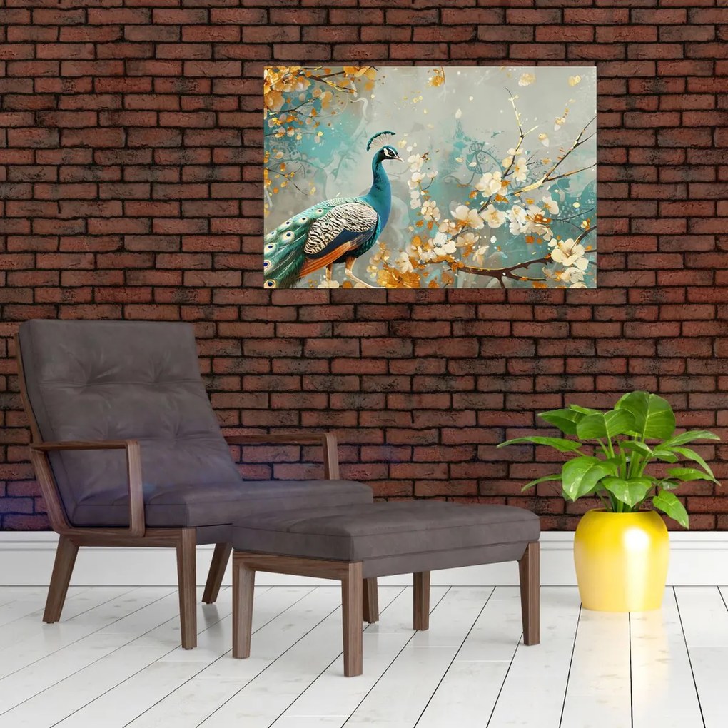 Tablou - Păun cu decor de aur (90x60 cm)