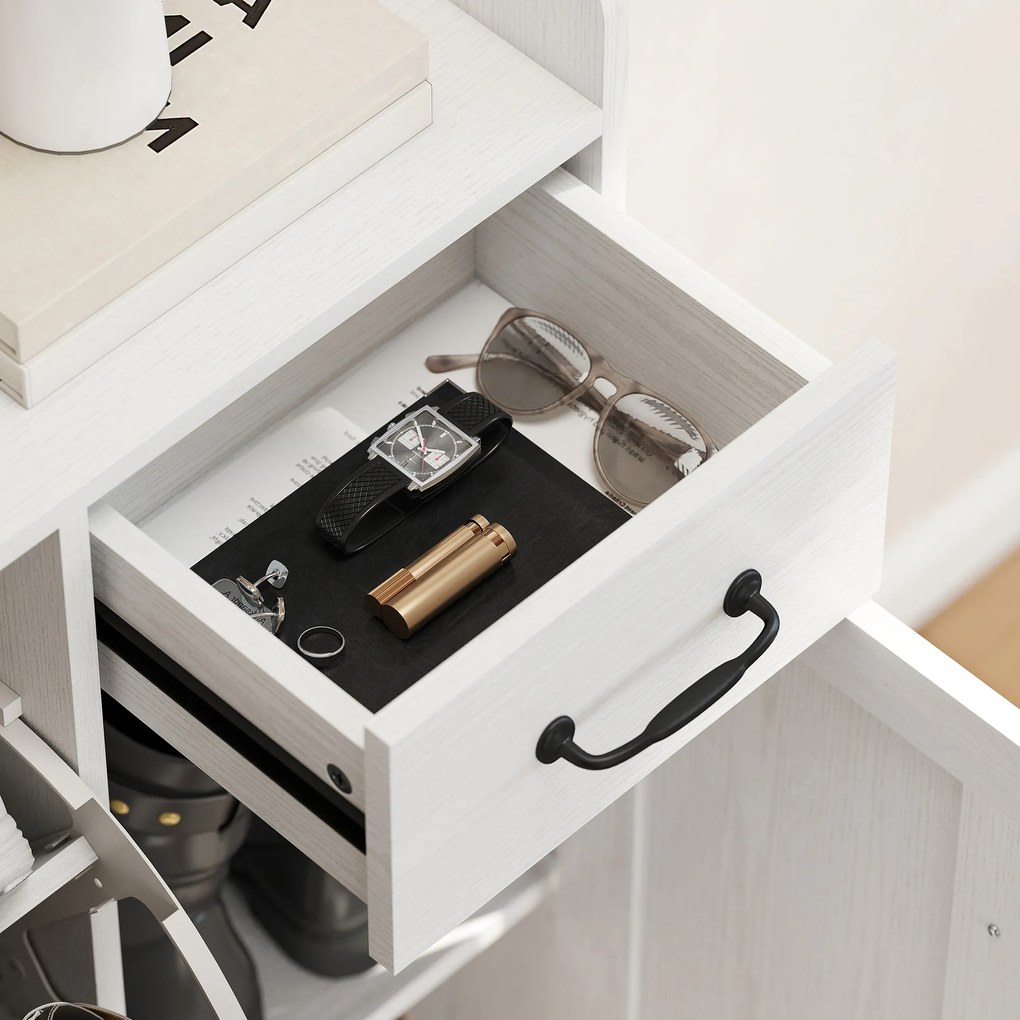 HOMCOM Pantofar îngust cu 2 sertare basculante și polițe reglabile pentru 12 perechi, pentru spații reduse, 106,7x26x116 cm, Alb | Aosom Romania