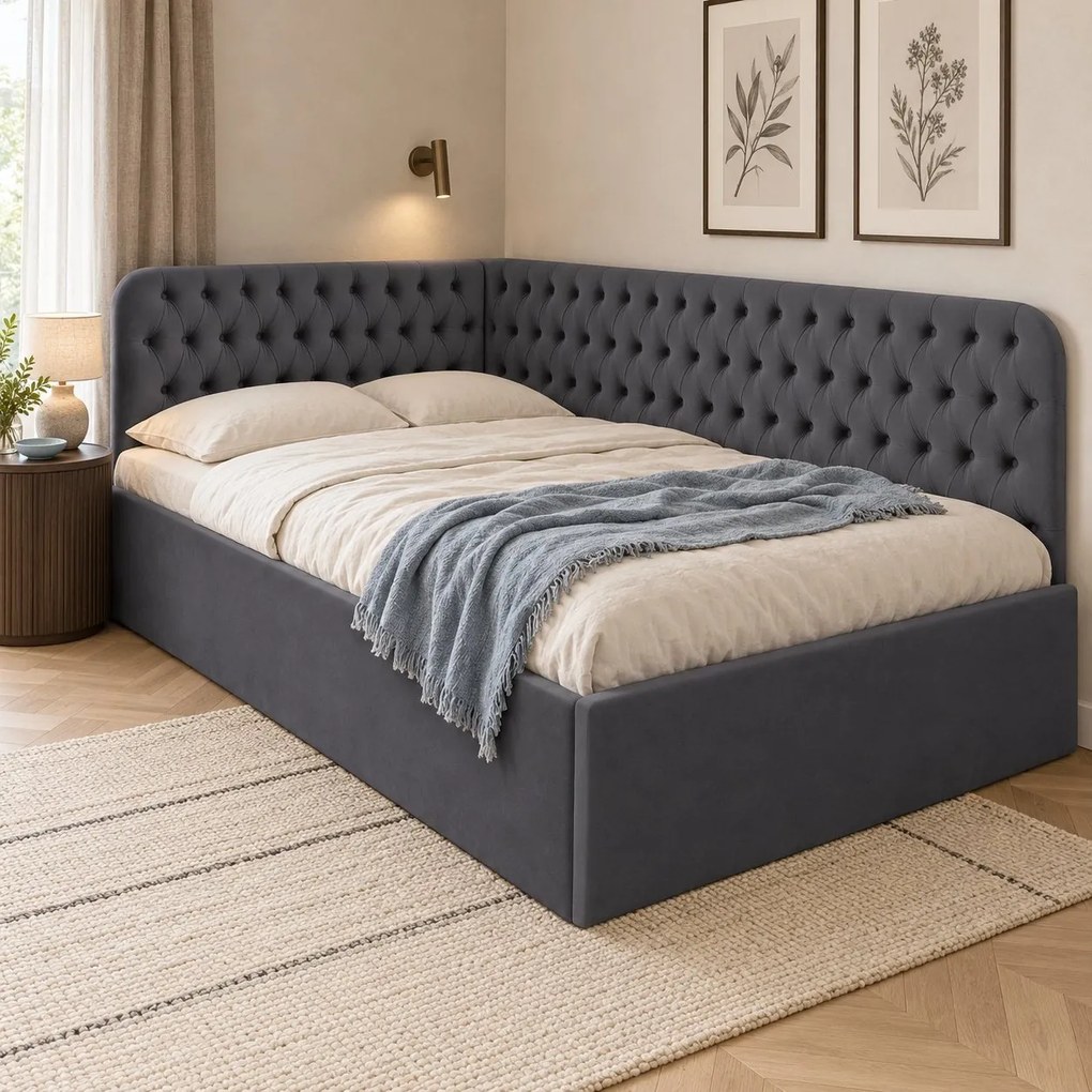Pat tapițat pentru copii din catifea Elyra 140×200 cm, gri închis, colț dreapta, cu ladă de depozitare