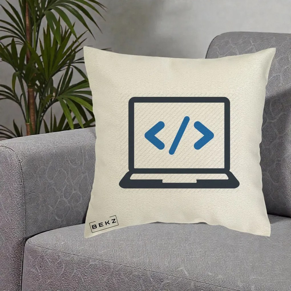 Perna Personalizata Laptop Cod HTML, 40x40 cm, Ecru, Husa Detasabila, Perna Inclusa, BEKZ®