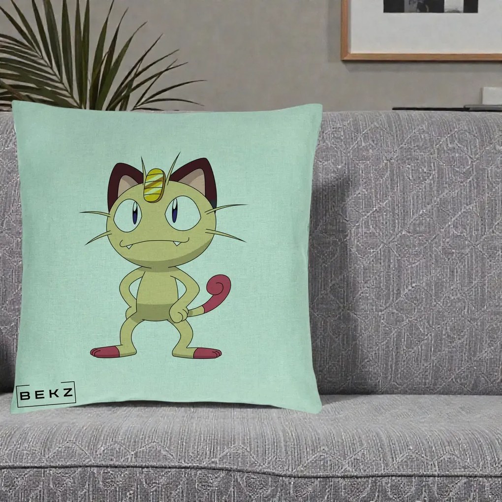 Perna Personalizata Meowth Pokemon, 40x40 cm, Verde Menta, Husa Detasabila, Perna Inclusa, BEKZ®