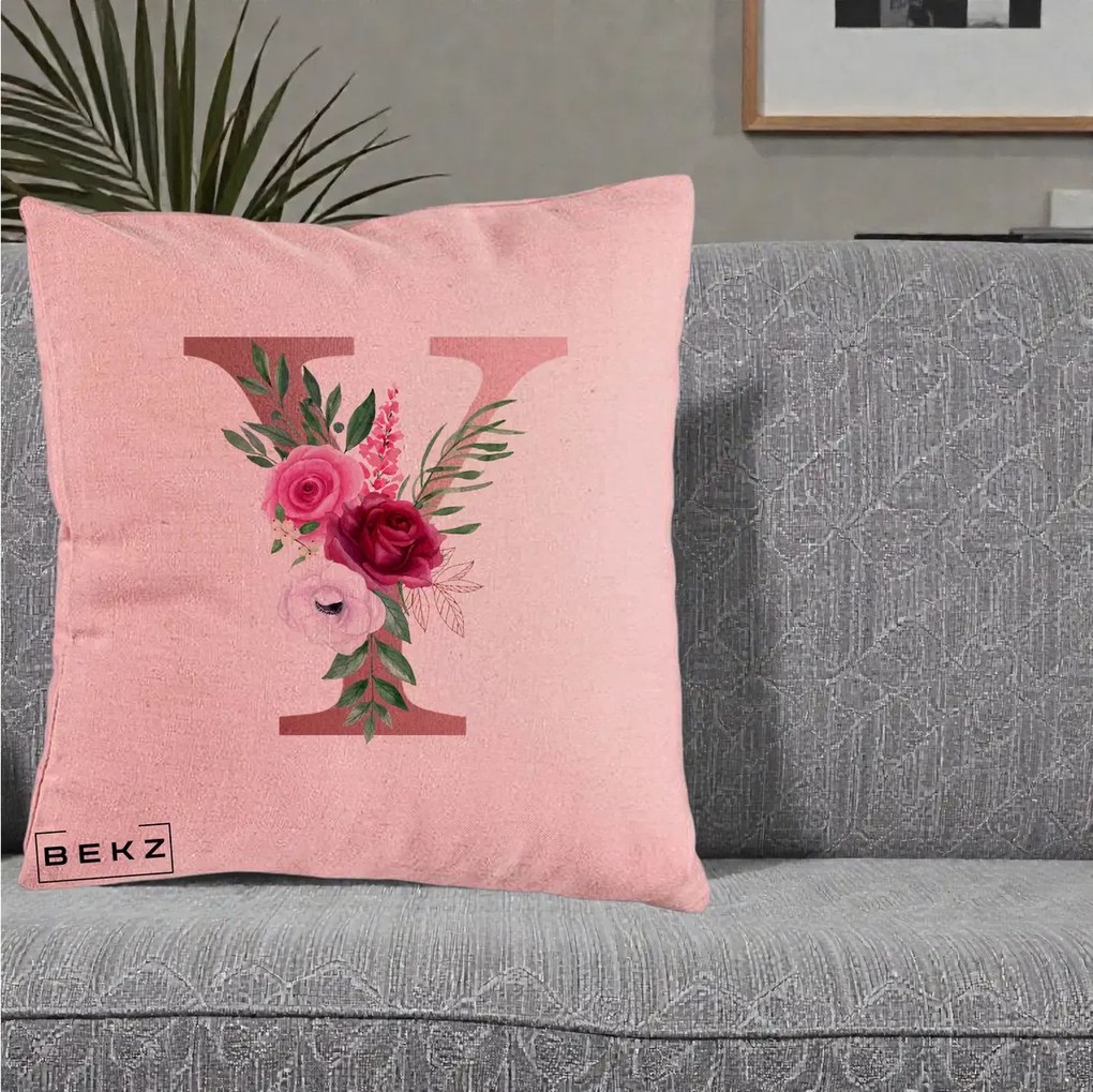 Cadou Personalizat - Perna Personalizata Monograma Rose Gold Litera Y, 40x40 cm, Roz, Husa Detasabila, Perna Inclusa, BEKZ®