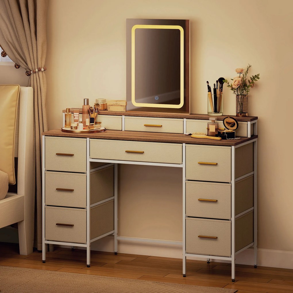 HOMCOM Masă de toaletă cu oglindă și lumini LED 3 culori, masă de machiaj 10 sertare din material textil, 118,5 x 39,5 x 140 cm natural | Aosom Romania