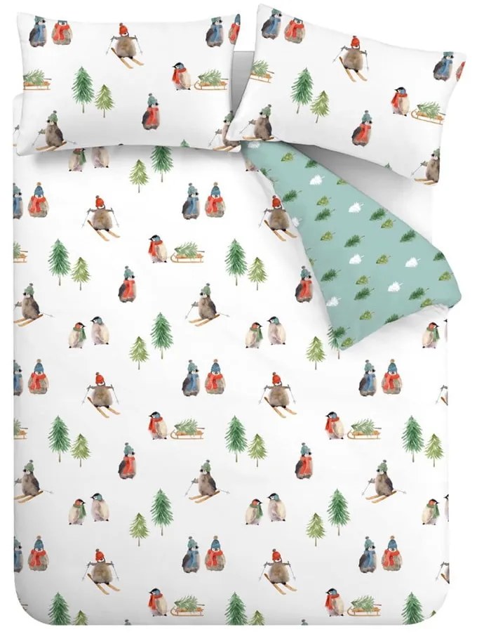 Lenjerie de pat albă din flanelă pentru pat dublu, extinsă 230x220 cm Snowy Penguin – Catherine Lansfield