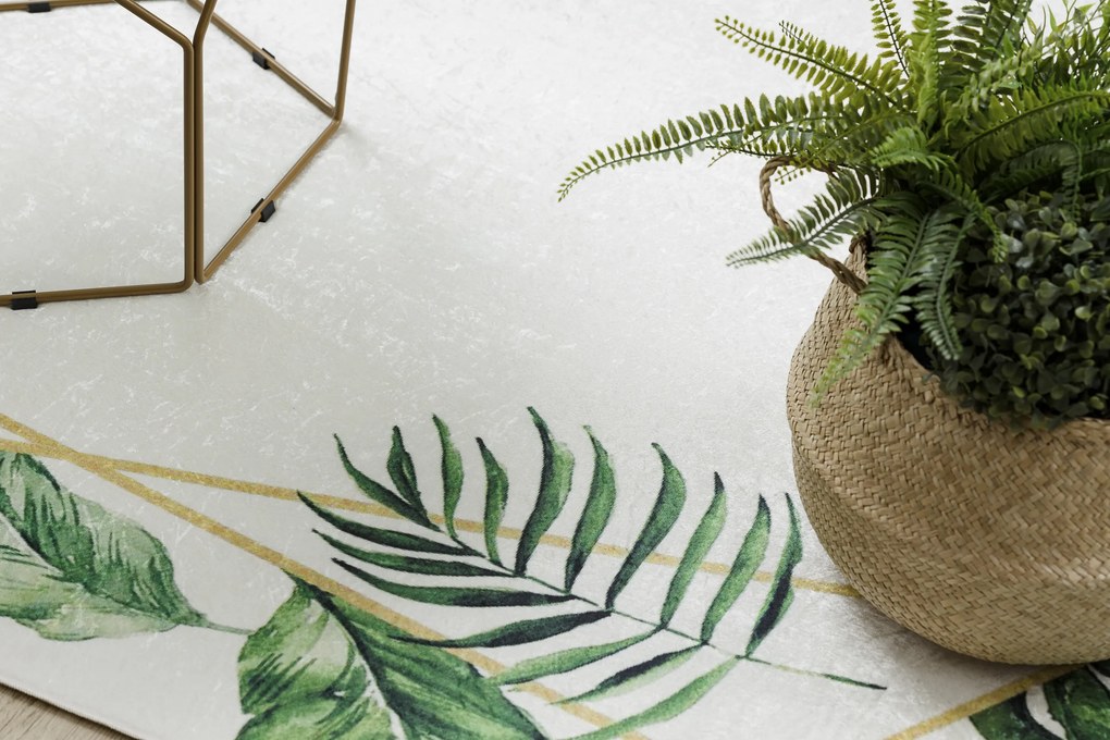 ANDRE 1168 covor lavabil Monstera pleacă, geometric anti-alunecare - alb / verde - SECUNDAR-COTATI PRODUSUL