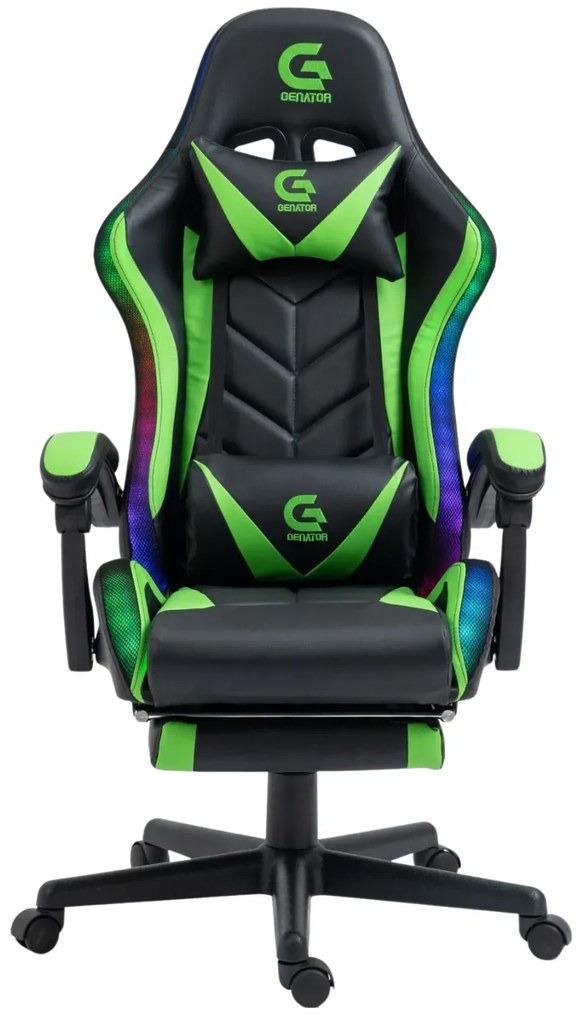 RESIGILAT- Scaun gaming, sistem iluminare bandă LED RGB, masaj în perna lombară, suport picioare, Negru/Verde