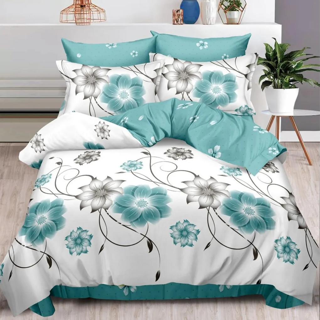 Lenjerie de pat cu elastic, tesatura tip finet, 6 piese, pat 2 persoane, alb / turquoise, FNE-195