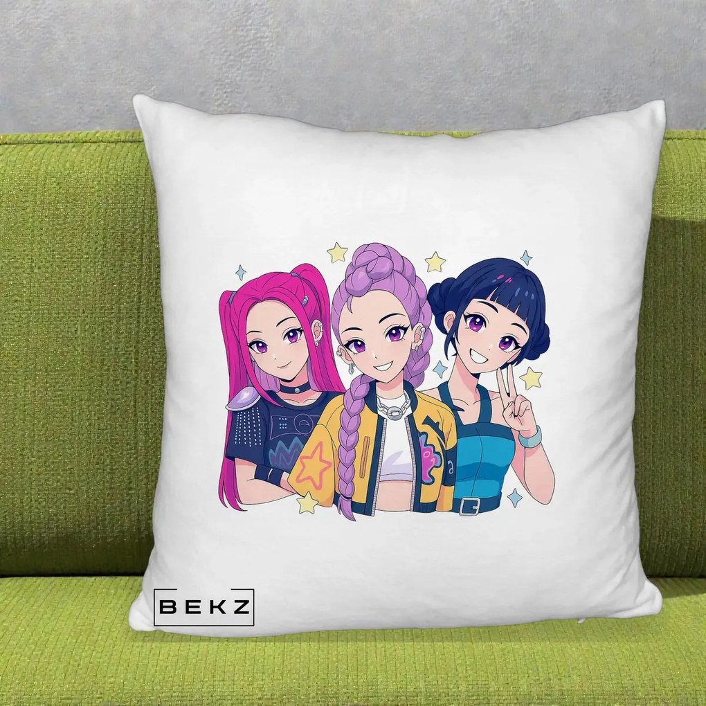 Perna Personalizata K-pop HUNTRX Trio Anime Stele, 40x40 cm, Alb Pufos, Husa Detasabila, Perna Inclusa, BEKZ®
