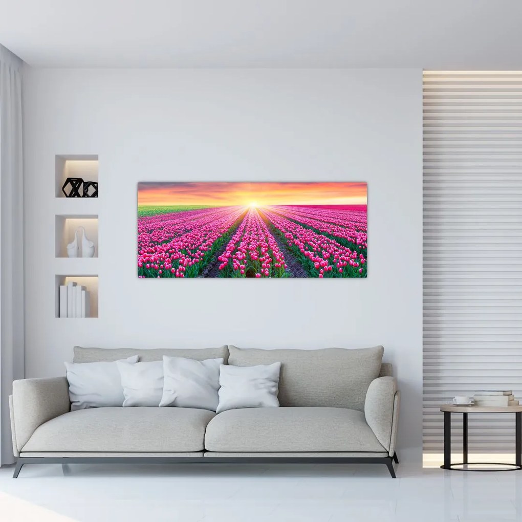 Tablou cu câmp de lalele cu soare (120x50 cm)
