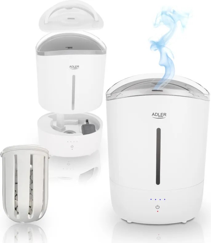 Umidificator de aer Adler AD 7971, 30 W, Pana la 20 m², 5 litri, 150-300 ml/h, ultrasonic, Pana la 50 h cu o umplere, Alb