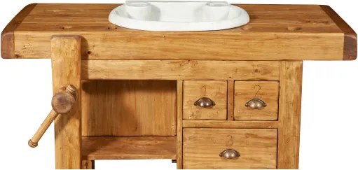 Mobilier de baie, L116 63 H90 cm, 4 sertare, natur, lemn masiv, chiuveta din marmura