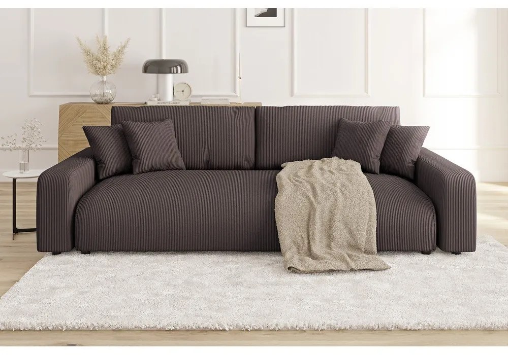 Canapea maro extensibilă, cu spațiu de depozitare, cu tapițerie din catifea reiată 234 cm Sara – Ropez