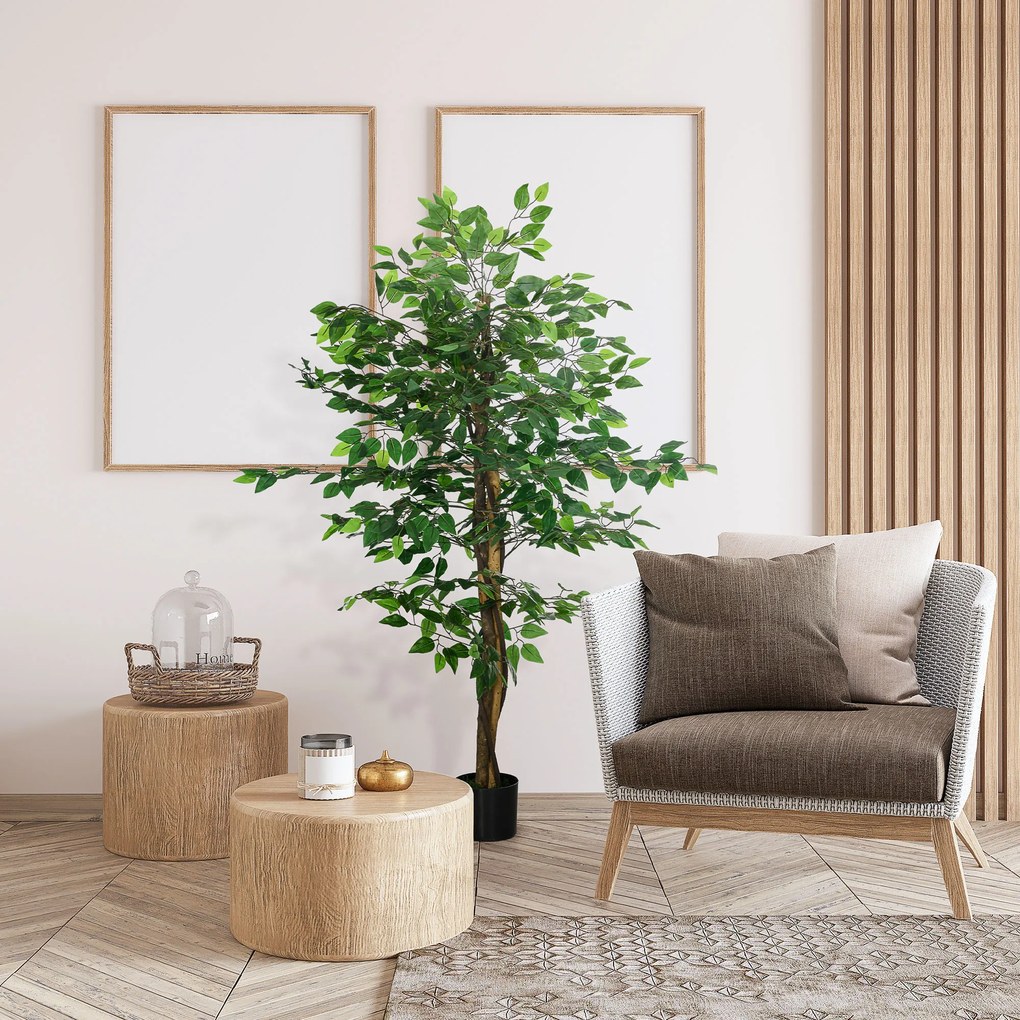 HOMCOM Ficus artificial cu ghiveci de 5 ft, planta artificiala de interior, exterior, pentru decorarea camerei de zi, biroului