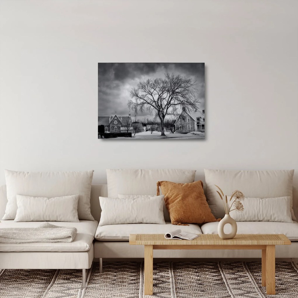 Tablou pe sticlă cu sat alb negru (70x50 cm)
